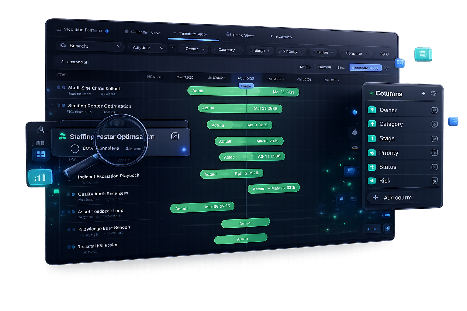 Praxiox mobile status dashboard with alerts and progress cards